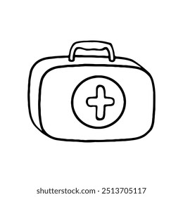 A black and white line drawing of a first aid kit with a prominent medical cross symbol in the center.