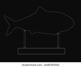 A black and white line drawing of a fish figurine stands out against a dark background. The clean white outline creates striking contrast, emphasizing the simple yet elegant design.