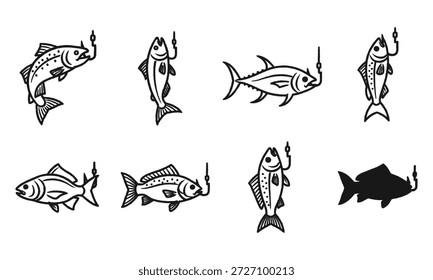 Linha preta e branca desenhando ícones de peixes com ganchos várias espécies e poses