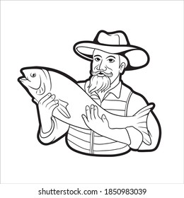 Black and white line drawing of fisherman strike fishing vector illustration