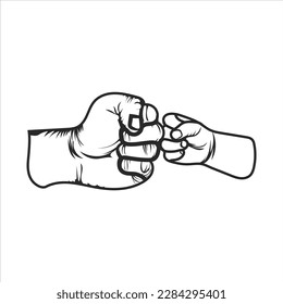 Black and white line drawing of a fist bump father and a fist bump son hand vector