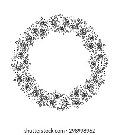 Black and white line drawing of flowers arranged in circle shape.