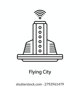 Black and white line drawing of a flying city with buildings and towers in the sky.