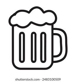 Black and white line drawing of a foamy beer mug. Vector illustration