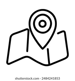 Black and white line drawing of a folded map with a location pin. Vector illustration