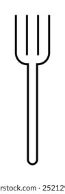Black and white line drawing of a fork with three tines. Ideal for kitchen themes, culinary designs, restaurant branding, food service graphics, and minimalistic art. Clean, simple style.