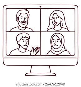 Black and white line drawing of four people in online video meeting on computer screen, suitable for coloring books and educational design