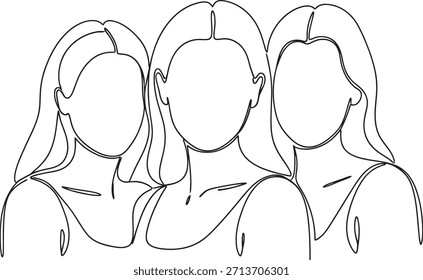 Un dibujo de línea en blanco y negro de cuatro mujeres con el pelo largo y las caras en blanco de pie lado a lado
