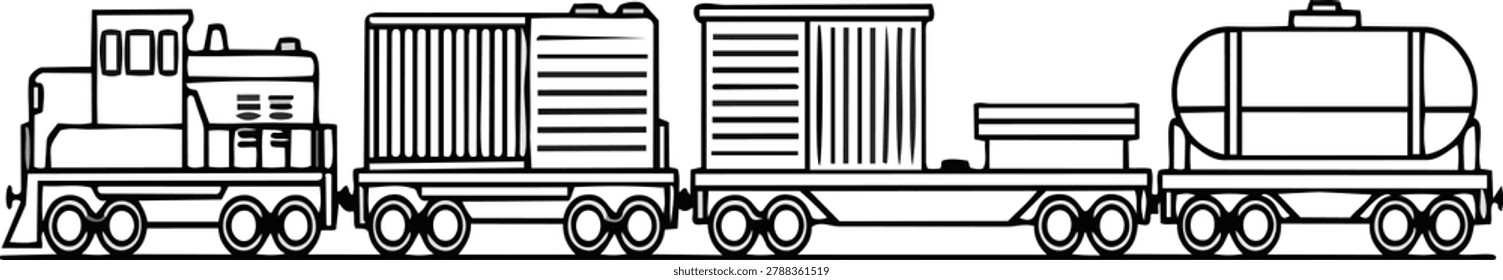 A black and white line drawing of a freight train, featuring a locomotive, container cars, a flatcar, and a tank car.