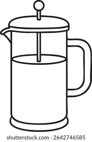 A black and white line drawing of a french press coffee maker with a handle, lid, and plunger.
