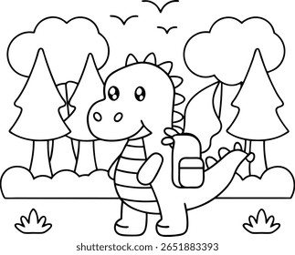 Um desenho em linha preta e branca de um dinossauro de desenho animado amigável usando uma mochila. O dinossauro está parado numa floresta com várias árvores e nuvens ao fundo.
