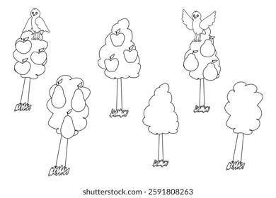 Black and white line drawing of fruit trees with apples and pears, featuring birds perched on branches, ideal for coloring fun.