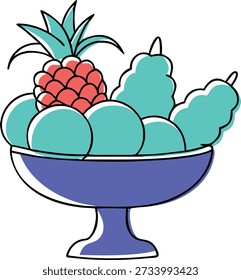 A black and white line drawing of a fruit bowl overflowing with various fruits. The bowl is centered and slightly elevated on a small pedestal. The fruits include a large pineapple in the center, flanked by bunches of grapes