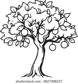 Black and white line drawing of a fruit tree with leaves and round fruits hanging from branches