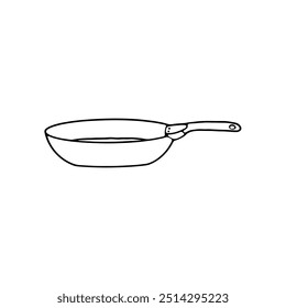 Um desenho de linha preto e branco de uma frigideira com uma alça