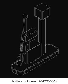 Black and white line drawing of a gas pump with cylindrical shape, nozzle at the top, and side handle. The nozzle connects to a pipe running along the pump, set against a black background.