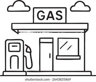 Um desenho de linha preto e branco de um posto de gasolina com uma bomba, porta, janela e duas pequenas nuvens.