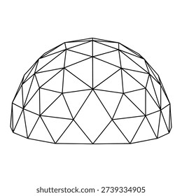 A black and white line drawing of a geodesic dome, showcasing its triangular framework and spherical shape.