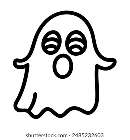 Black and white line drawing of a ghost with large eyes and an open mouth. Vector illustration