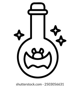 A black and white line drawing of a glass bottle with a cork, filled with liquid that looks like it has a bat inside. The bottle is glowing with two stars around it.