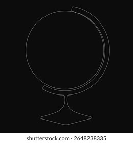 Desenho de linha preto e branco de um globo centrado em um fundo escuro, com contornos limpos e estilo minimalista. Os continentes são claramente definidos com traços finos, criando uma