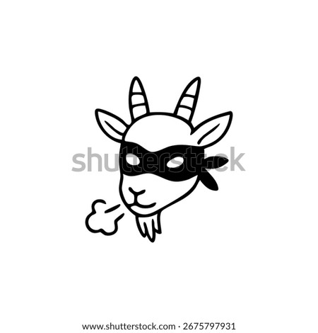 Black and white line drawing of a goat wearing a bandit mask, puffing smoke from its mouth