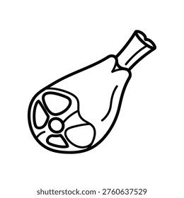 Black and white line drawing of a ham hock, featuring intricate details of the bone and meat, isolated on a clean background, perfect for culinary illustrations.