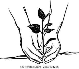 El dibujo de línea en blanco y negro de una mano que planta un árbol es un hermoso dibujo de línea utilizado en el diseño de arte.