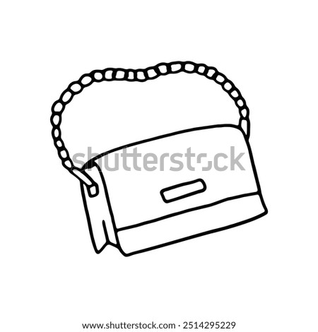 A black and white line drawing of a handbag with a chain strap