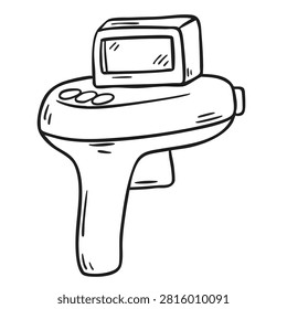A black and white line drawing of a handheld barcode scanner device with a screen and control buttons.