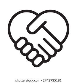 A black and white line drawing of a handshake forming a heart shape
