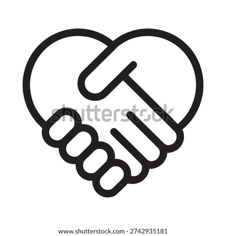 A black and white line drawing of a handshake forming a heart shape