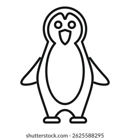 Black and white line drawing of a happy emperor penguin standing and spreading its wings