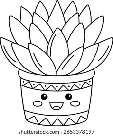 A black and white line drawing of a happy succulent plant in a decorative pot. The plant has many layered leaves, and the pot has a smiling face with eyes and a mouth.