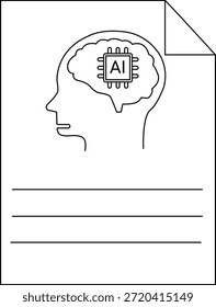 Desenho a preto e branco de um perfil de cabeça com um cérebro contendo um chip com IA no interior e linhas abaixo