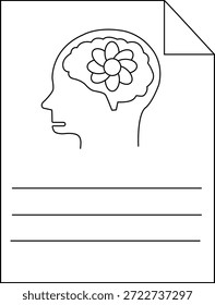 Eine schwarz-weiße Linie Zeichnung eines Kopfes mit einer Blume in seinem Gehirn auf einem Blatt Papier mit Schriftzeilen