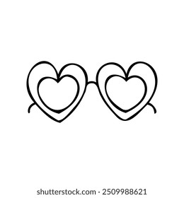 Black and white line drawing of heart-shaped sunglasses. A playful and stylish illustration perfect for fashion, summer, love-themed designs, and trendy graphic projects