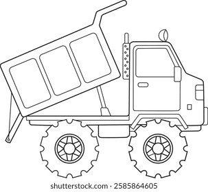 Black and white line drawing of a heavy-duty dump truck with raised bed, ideal for coloring pages, construction-themed designs, kids’ illustrations, educational materials, and vector artwork