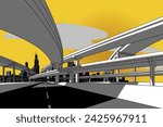 Black and white line drawing of highway overpass and city skyline on yellow background. Vector illustration in vintage art comic style with a Pattern Overlay effect. 