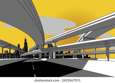 Black and white line drawing of highway overpass and city skyline on yellow background. Vector illustration in vintage art comic style with a Pattern Overlay effect. 