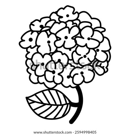 Black and white line drawing of a hydrangea flower with multiple small petals forming a large bloom and a single veined leaf. Ideal for coloring pages or decorative elements.