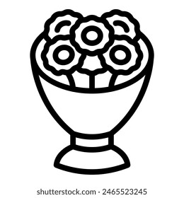 Black and white line drawing of an ice cream sundae with floral garnish