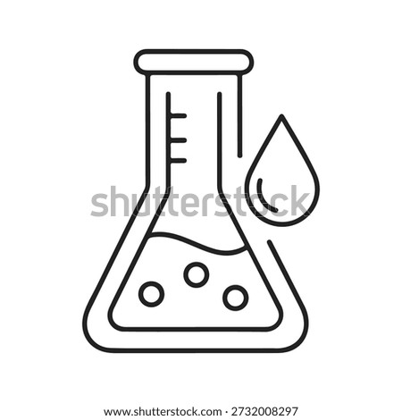 A black and white line drawing icon representing a laboratory flask. The flask contains a liquid with three small circles, possibly indicating bubbles or dissolved elements. To the right of the flask, a single drop shape is depicted, symbolizing liquid or a chemical substance. The flask has markings on its neck, suggesting measurement capabilities.