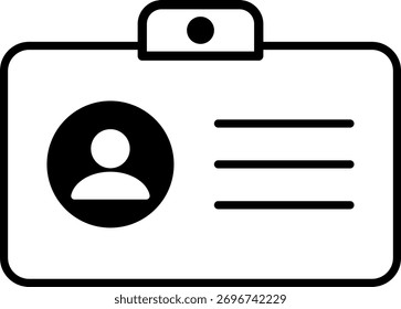 A black and white line drawing of an identification card with a profile picture and lines for text. It has a clip at the top.