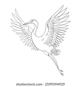 Black and white line drawing illustration of a heron bird flying with wings outstretched. Simple and elegant design.