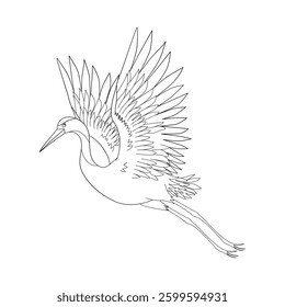 Black and white line drawing illustration of a heron bird flying with wings outstretched. Simple and elegant design.
