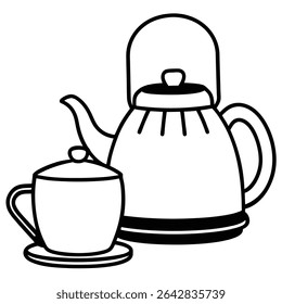 A black and white line drawing illustration of a teapot and creamer set.  Perfect for kitchenware, tea time, or vintage designs. Simple and elegant graphic.