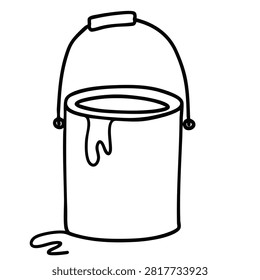 A black and white line drawing illustration of a metal paint bucket with some paint dripping down the side and a puddle at the bottom