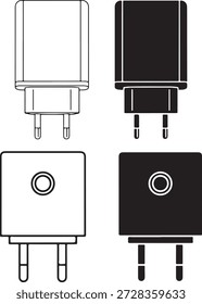 Las ilustraciones de dibujo de líneas en blanco y negro y las siluetas sólidas representan dos vistas diferentes de un adaptador de enchufe europeo estándar que representa la tecnología moderna y las soluciones de carga de dispositivos móviles accesorios necesarios para viajes internacionales y uso diario.