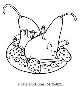 black and white line drawing with isolated objects on a white background for the cookbook, recipe, menu. Vegetarian dessert fruit pears drenched in honey with cinnamon sticks and strawberries. 